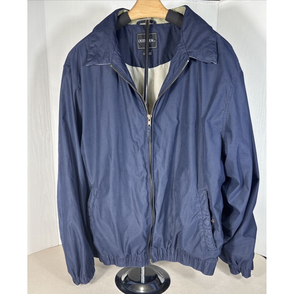 Outbrook Mens L Navy Blue Full Zip Windbreaker Jacket Elastic Hem Dadcore